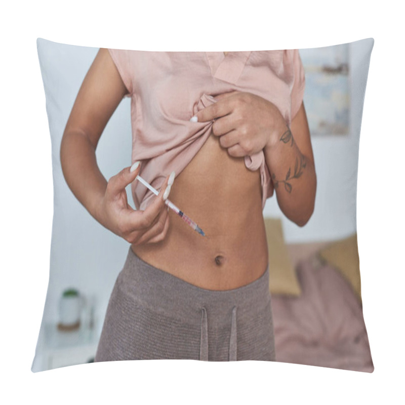 Personality  Cropped View, African American Woman Making Hormonal Injections In Belly, Tattoo, Pregnancy Concept Pillow Covers