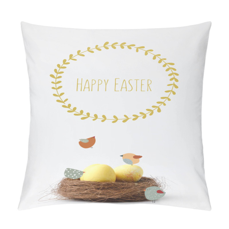 Personality  Yellow Painted Easter Eggs In Decorative Nest With Drawn Birds And Happy Easter Lettering On White Pillow Covers