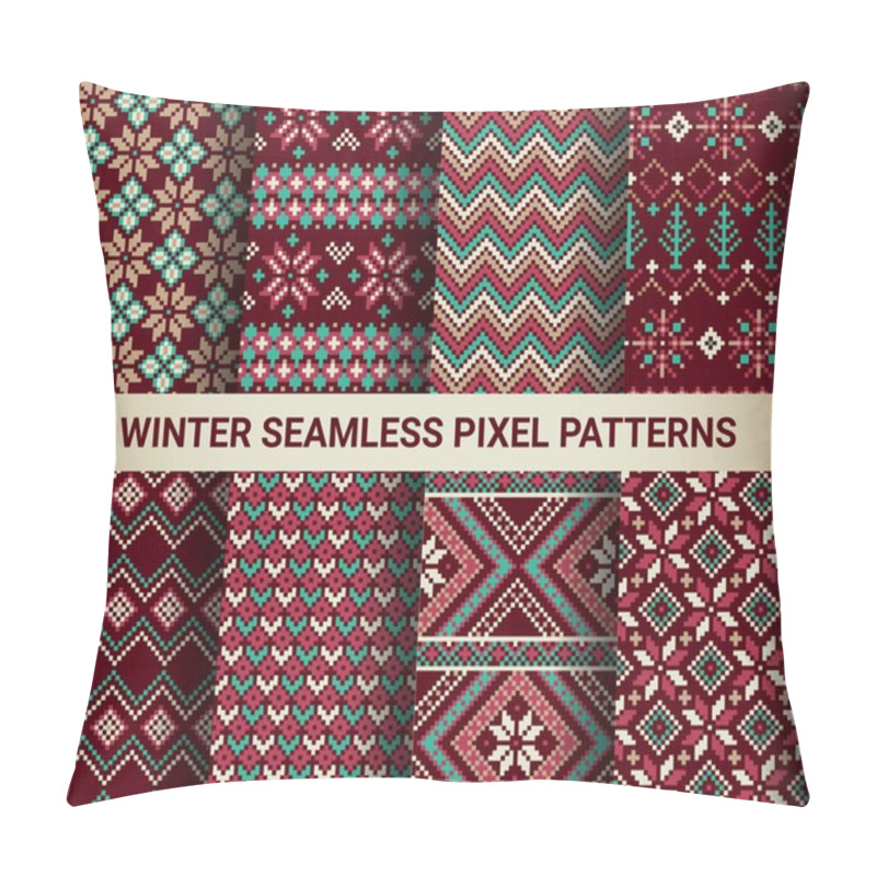 Personality  Collection Of Pixel Bright Seamless Patterns With Stylized Winter Nordic Ornament. Vector Illustration. Pillow Covers