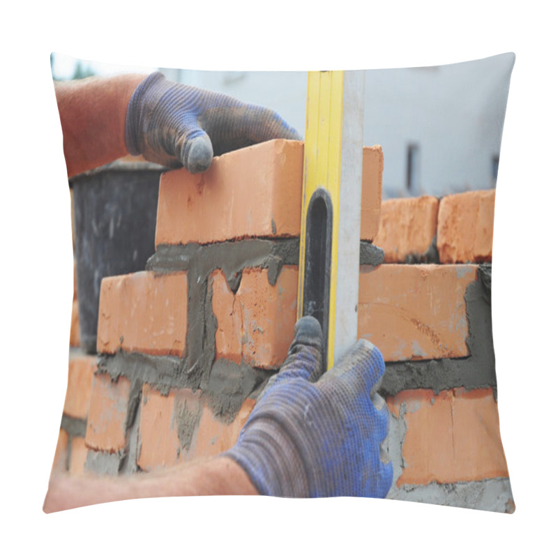 Personality  Bricklayer Using A Spirit  Level To Check New  Red Brick Wall Ou Pillow Covers