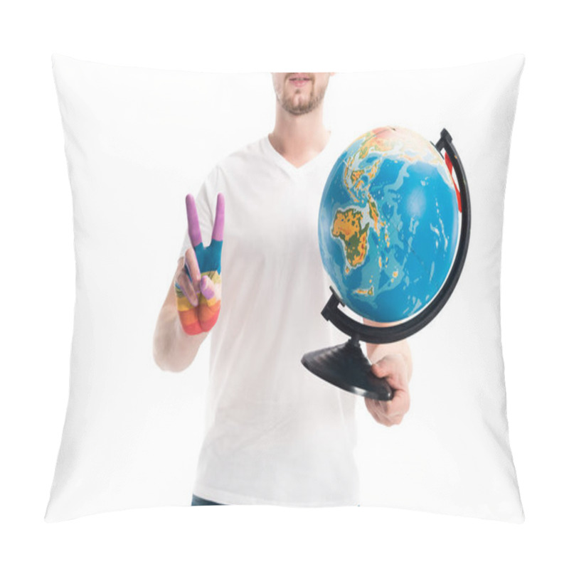 Personality  Cropped Image Of Man Holding Globe And Showing Peace Sign With Hand Painted In Rainbow Isolated On White, World Aids Day Concept Pillow Covers