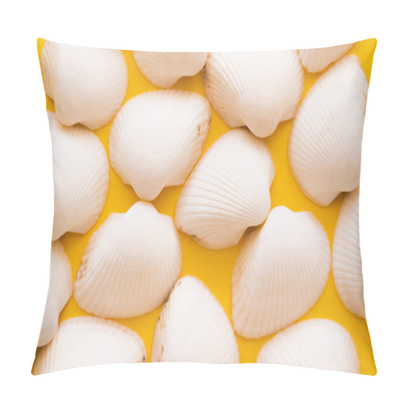 Personality  Top View Of White Seashells On Yellow Background  Pillow Covers