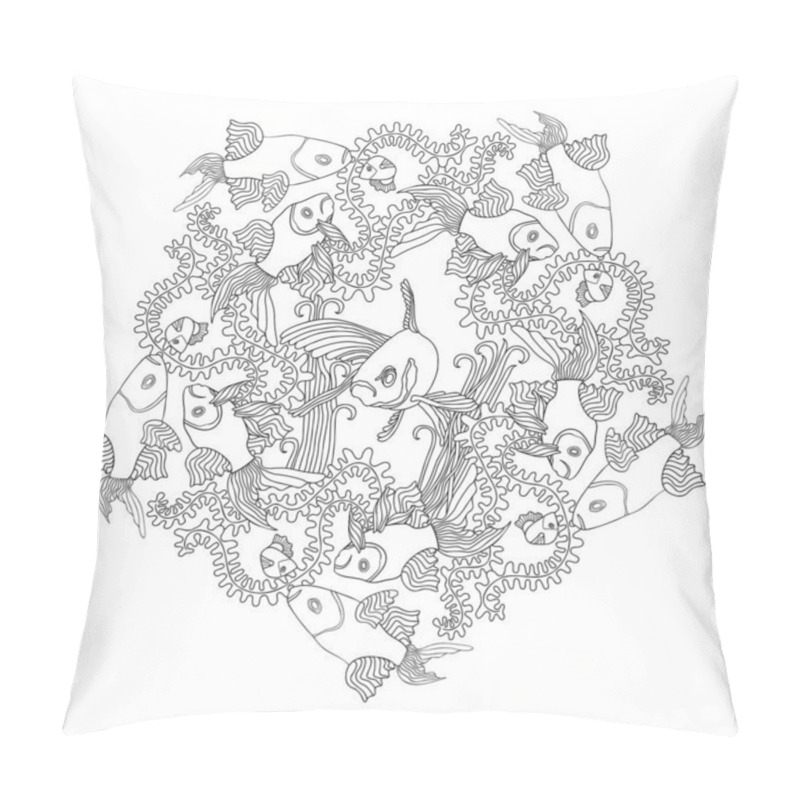 Personality  Coloring Page Mandala With Fishes And Seaweed. Hand Drawn Black And White Vector Illustration. Pillow Covers