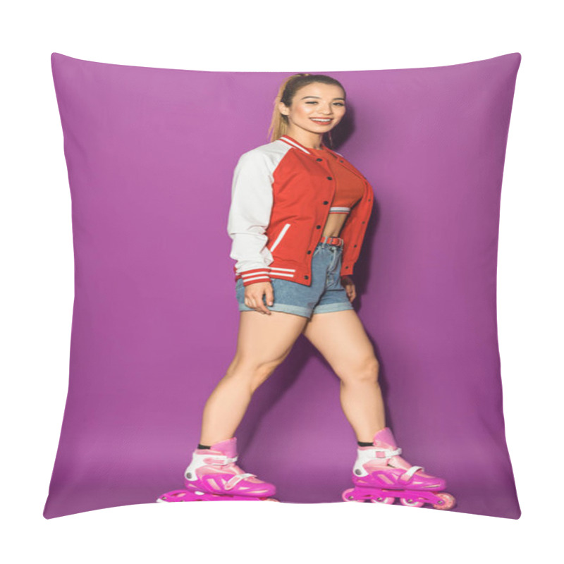 Personality  Beautiful Happy Asian Girl In Pink Roller Skates Smiling At Camera Isolated On Violet Pillow Covers