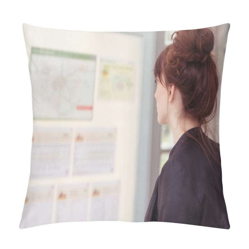 Personality  Young Woman Reading Notices On A Board Pillow Covers