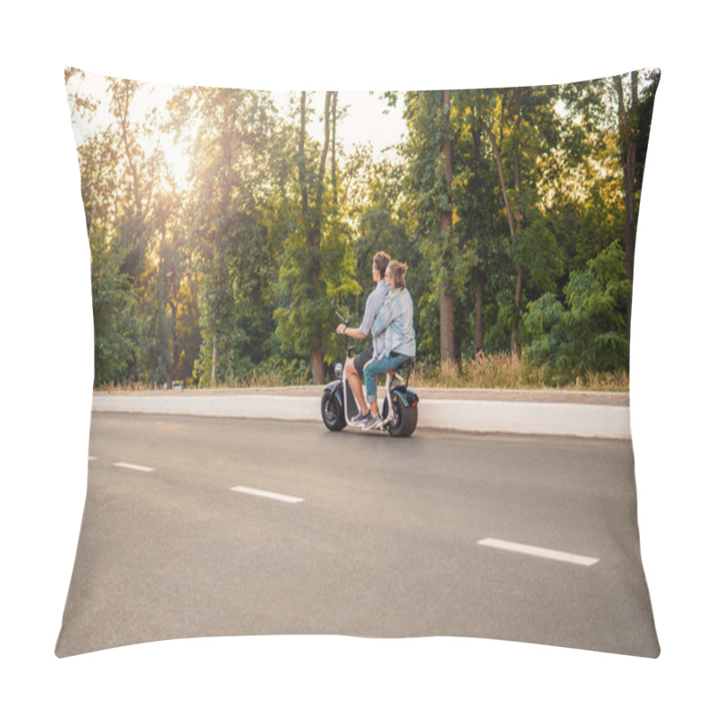 Personality  Lovely Young Couple Driving Electric Bike During Summer Modern City Life And Transportation Pillow Covers