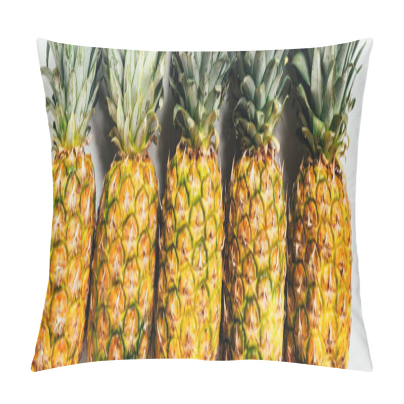 Personality  Flat Lay With Fresh Ripe Pineapples With Green Leaves On White Background, Panoramic Shot Pillow Covers