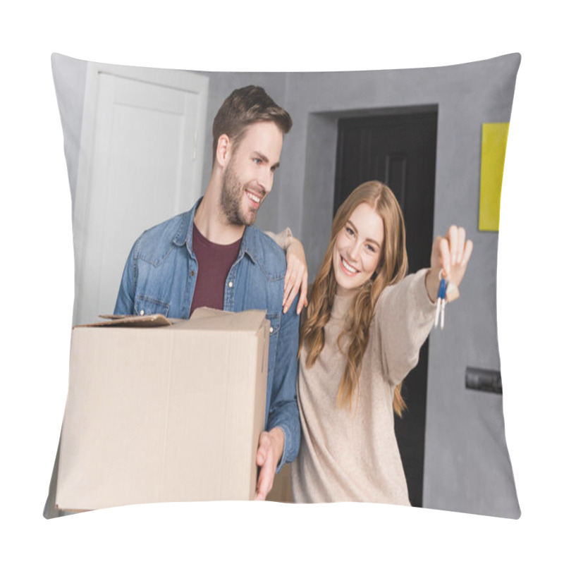 Personality  Joyful Woman Holding Keys Near Boyfriend With Box  Pillow Covers