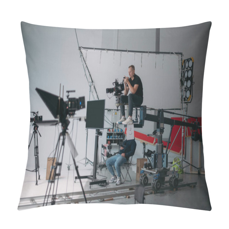 Personality  Film Set, Monitors And Modern Shooting Equipment. Film Crew, Lighting Devices, Monitors, Playbacks - Filming Equipment And A Team Of Specialists In Filming Movies, Advertising And TV Series Pillow Covers