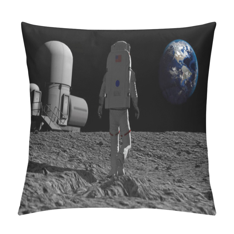 Personality  Astronaut Walking On The Moon And Admiring The Beautiful Earth. CG Animation. Elements Of This Image Furnished By NASA. 3D Rendering Pillow Covers