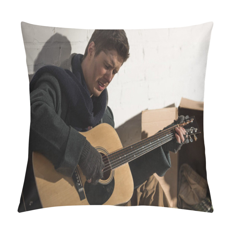 Personality  Sad Homeless Man Playing Guitar While Sitting By White Brick Wall Pillow Covers