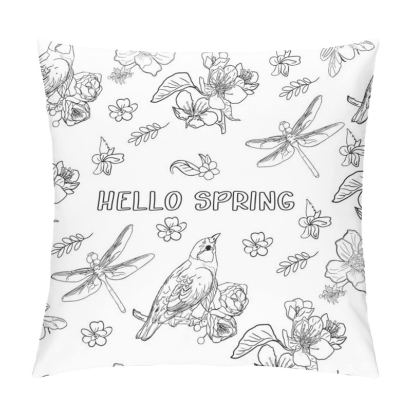 Personality  Spring-themed Hand-drawn Illustration Featuring Flowers, Birds, And Insects On A White Background. Hand-Drawn Spring Illustration With Flowers, Birds, And Insects.Spring Flowers, Birds, And Insects On Pillow Covers