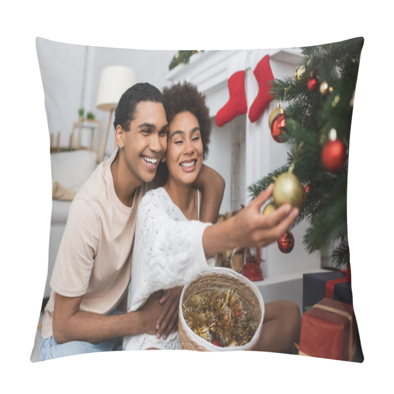 Personality  Happy African American Woman Decorating Christmas Tree Near Boyfriend And Wicker Basket With Tinsel Pillow Covers