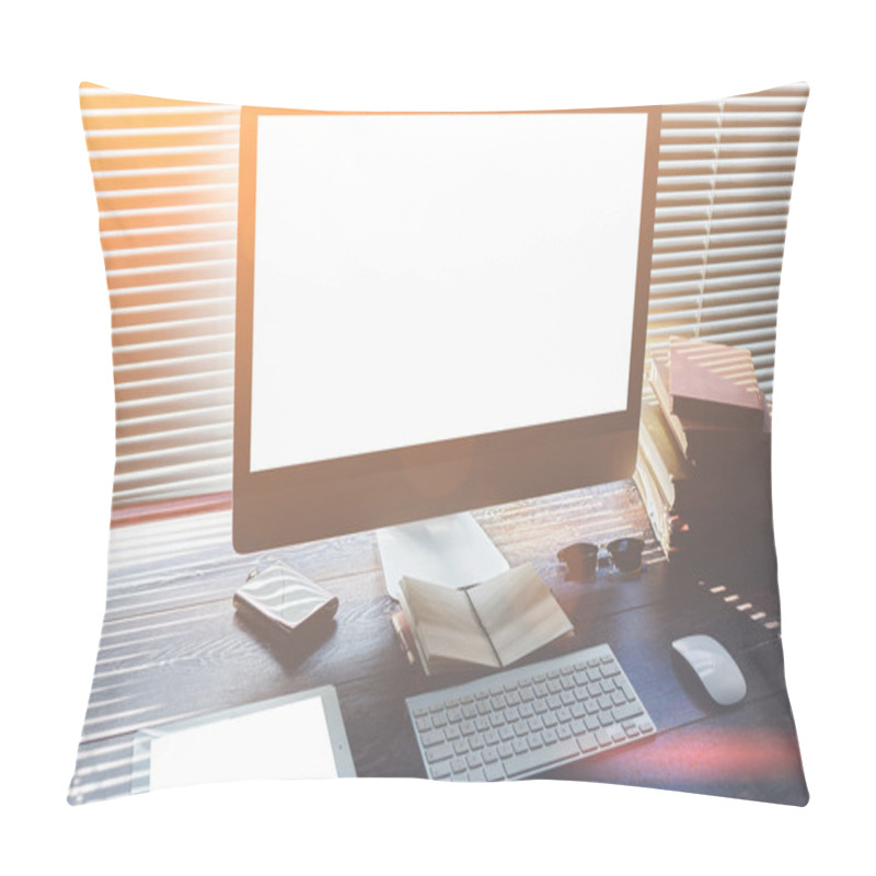 Personality  Mock Up Of Office Desktop With Pc Computer And Digital Tablet With Blank Copy Space Screen For Your Promotional Content Pillow Covers