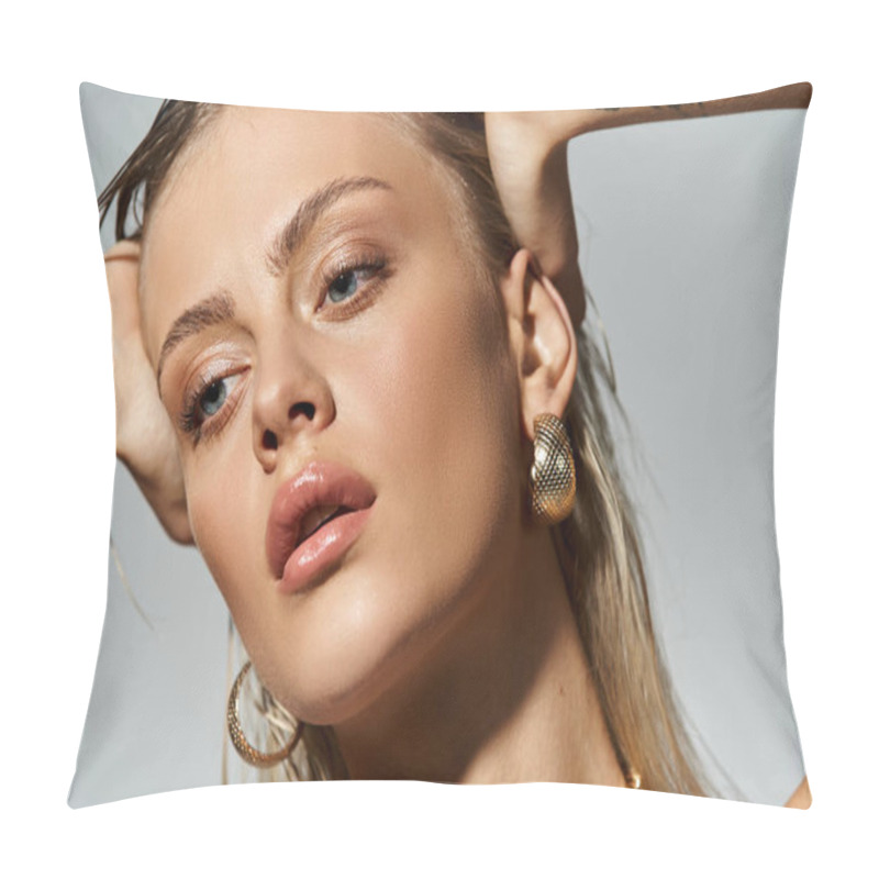 Personality  Blond Woman In Swimsuit With Tattoos, Hands On Head, Striking A Confident Pose. Pillow Covers