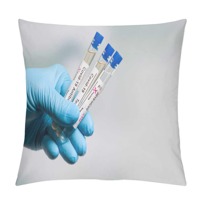 Personality  Close Up Of Hands In Blue Gloves Holding A Set Of Test Tubes After Virus Analysis With Antibody Result Markers Pillow Covers