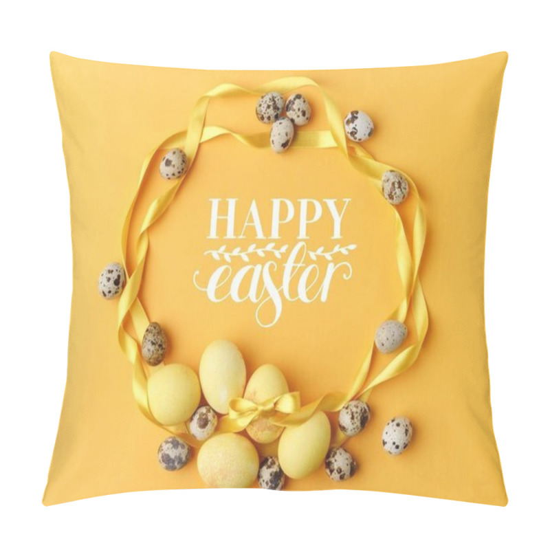 Personality  Top View Of Yellow Painted Easter Eggs And Quail Eggs On Yellow With Happy Easter Lettering Pillow Covers