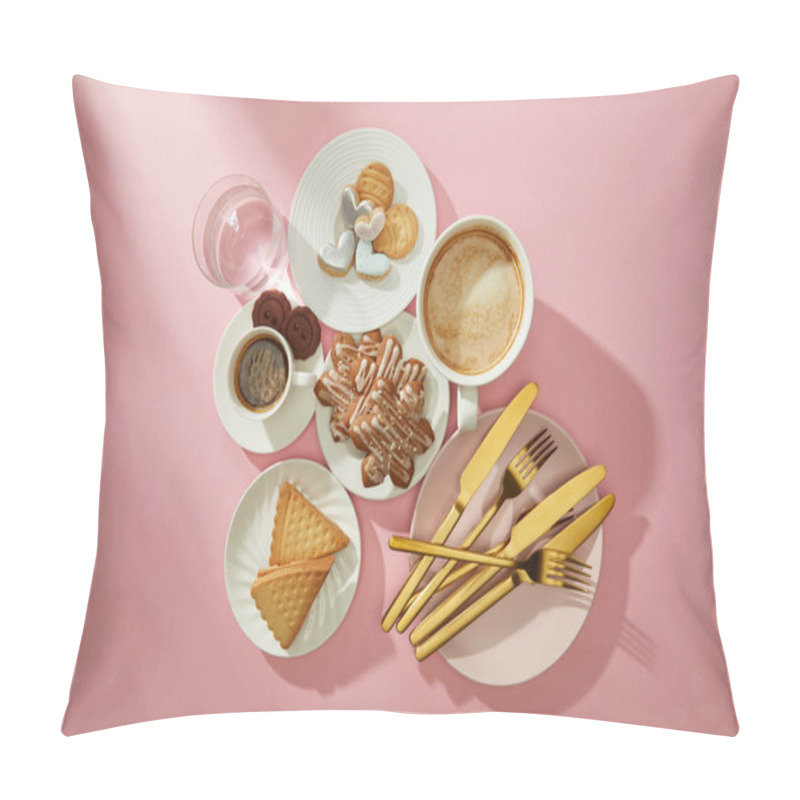 Personality  Top View Of Cookies With Glaze, Coffee And Glass Of Water On Pink Background Pillow Covers