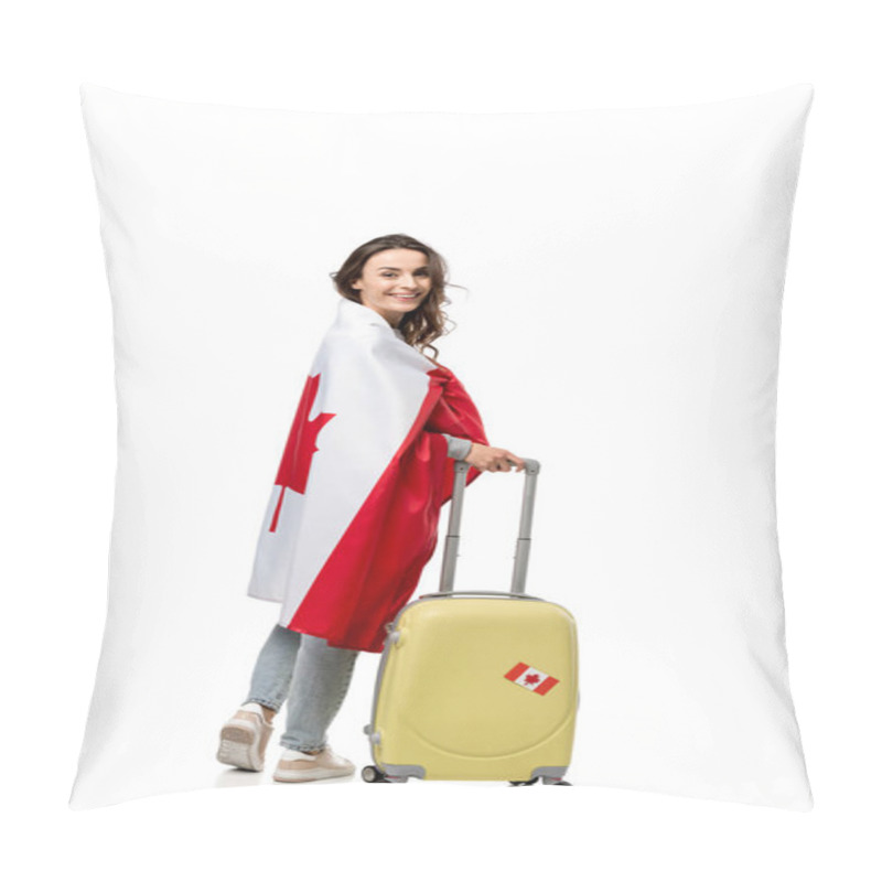 Personality  Smiling Woman Covered In Canadian Flag With Suitcase Isolated On White, Travel Concept Pillow Covers