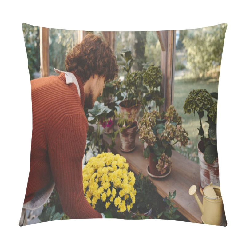 Personality  A Young And Attractive Man Carefully Arranges A Bouquet Of Bright Yellow Flowers In A Serene Greenhouse. Rays Of Sunlight Filter Through The Glass, Illuminating The Greenery. Pillow Covers