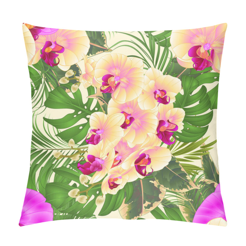 Personality  Seamless Texture  Floral Arrangement Bouquet With Tropical Flowers   With Beautiful Yellow And Purple Orchids Palm,philodendron And Ficus Vintage Vector Illustration  Editable Hand Draw  Pillow Covers