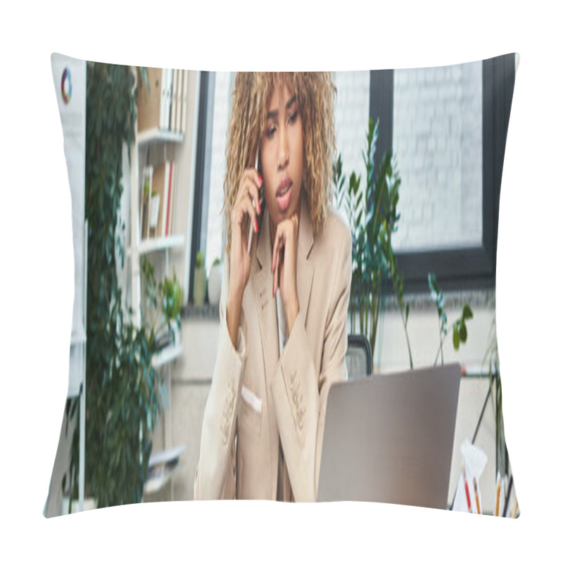 Personality  Overwhelmed African American Businesswoman Multitasking Near Laptop And Paperwork Chaos, Banner Pillow Covers