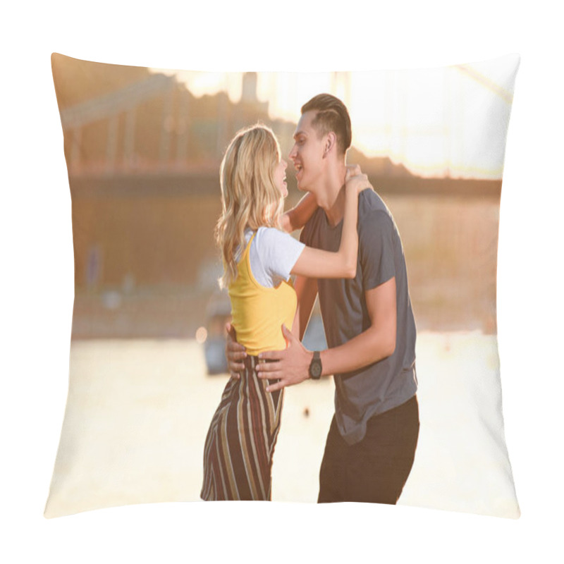 Personality  Side View Of Laughing Young Couple Going To Kiss On River Beach In Evening Pillow Covers