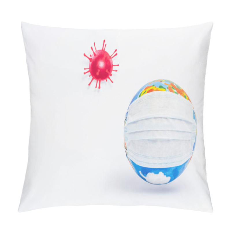 Personality  Globe In Protective Medical Mask Near Drawn Virus On White  Pillow Covers