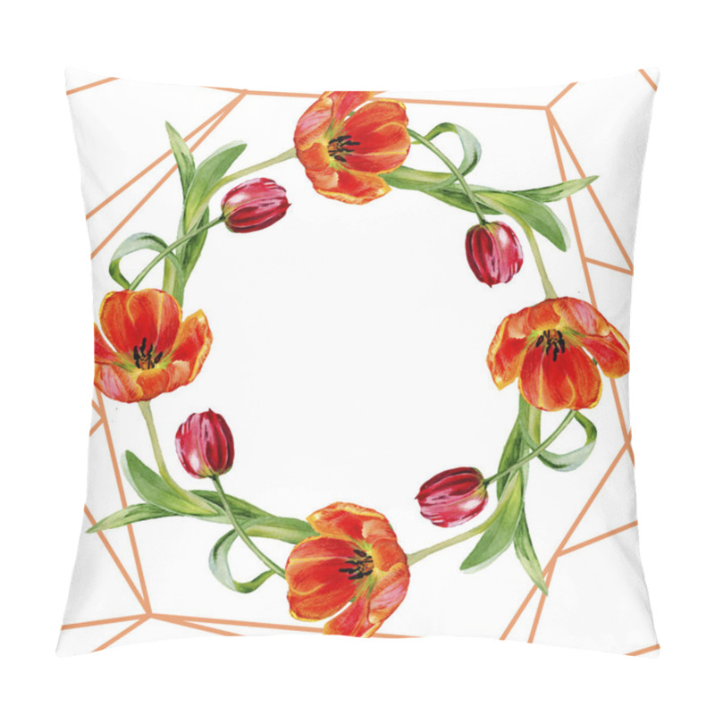 Personality  Amazing Red Tulip Flowers With Green Leaves. Hand Drawn Botanical Flowers. Watercolor Background Illustration. Frame Border Ornament Wreath. Geometric Quartz Polygon Crystal Stone. Pillow Covers