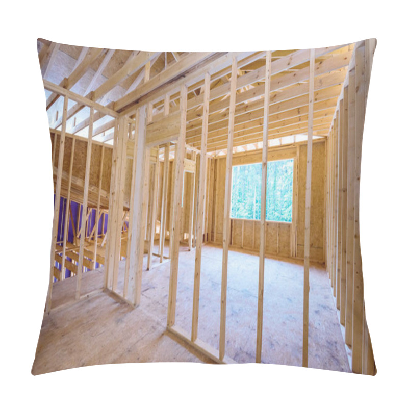 Personality  Interior Of New House Under Construction With Unfinished Wooden Framing Beams On Walls Pillow Covers