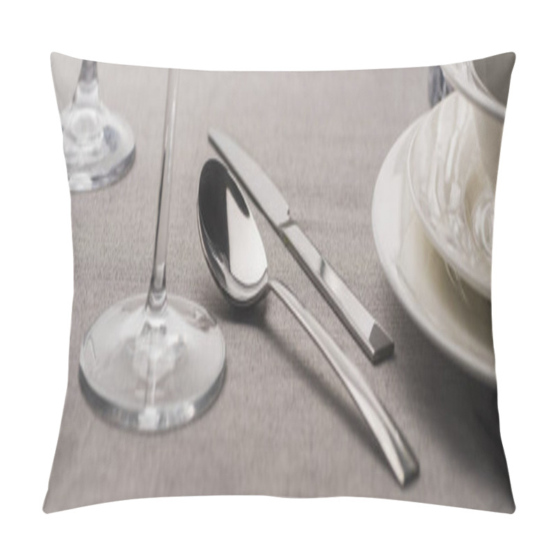 Personality  Spoon And Fork Beside Wine Glasses And Plates On Grey Cloth , Panoramic Shot Pillow Covers