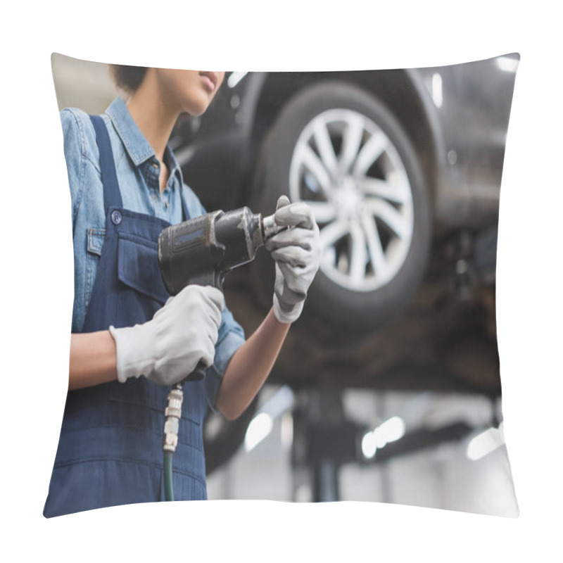 Personality  Partial View Of Young Mechanic With Hands In Gloves Holding Electric Screwdriver In Auto Repair Service Pillow Covers