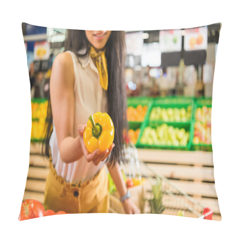 Personality  Cropped Image Of African American Customer Taking Bell Pepper In Supermarket  Pillow Covers