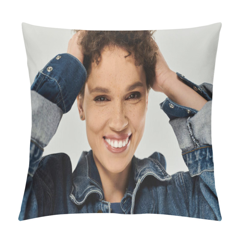 Personality  A Young Woman With Curly Hair Smiles, Flaunting Her Style In Denim. Pillow Covers