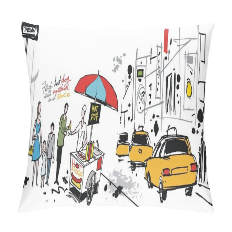 Personality  Vector Illustration Of Hot Dog Stand In New York Pillow Covers