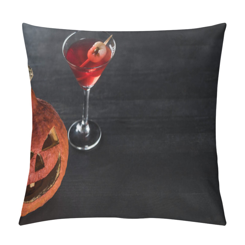 Personality  Spooky Halloween Pumpkin And Red Cocktail On Black Background Pillow Covers