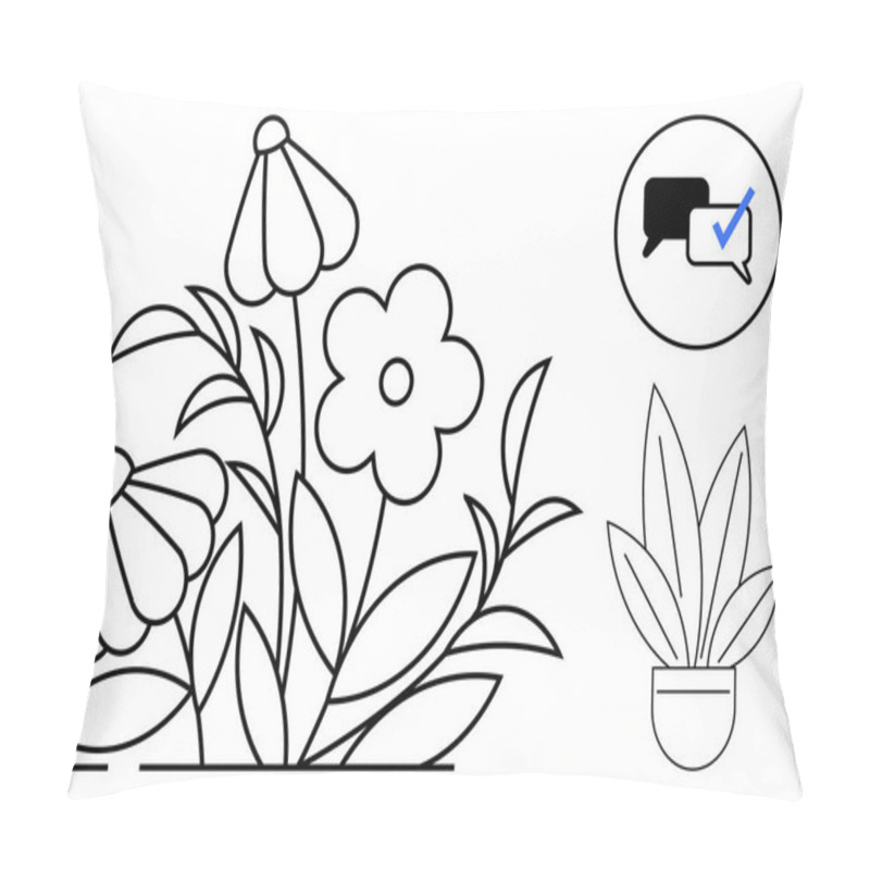 Personality  Flowers And Leaves With Potted Plant And Speech Bubbles With Check Mark. Ideal For Gardening, Communication, Nature, Creativity, Minimalism, Growth, Interaction. Simple Abstract Line Flat Metaphor Pillow Covers