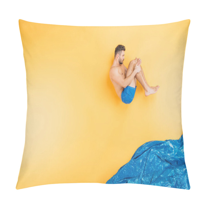 Personality  Handsome Young Man In Shorts Jumping In Imagine Sea On Yellow  Pillow Covers