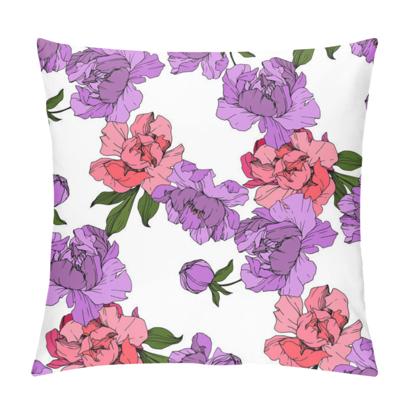 Personality  Vector Pink And Purple Peonies. Wildflowers Isolated On White. Engraved Ink Art. Seamless Background Pattern. Wallpaper Print Texture. Pillow Covers