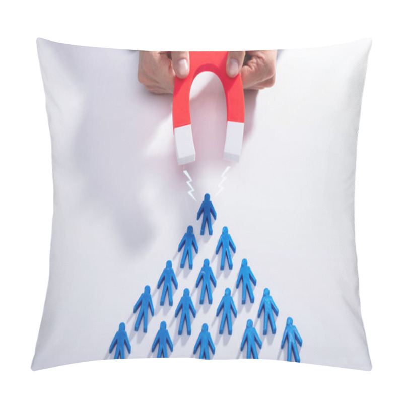 Personality  Businessman's Hand Attracting Blue Team With Horseshoe Magnet On White Background Pillow Covers