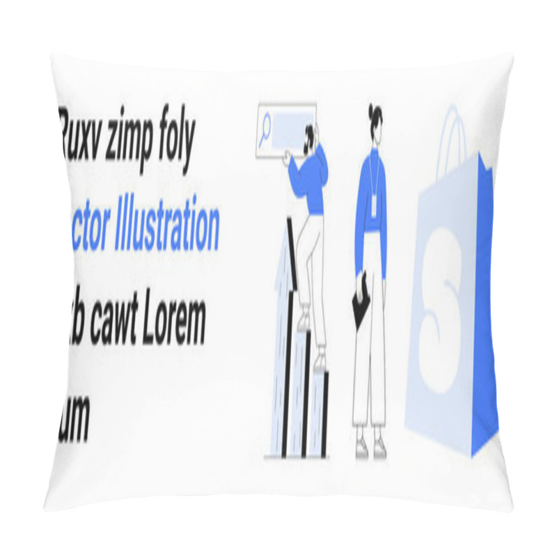 Personality  Two Characters Engaging In Data Analysis With A Search Bar And Graph, Accompanied By A Shopping Bag. Ideal For E-commerce, Business Analytics, Online Shopping, Digital Marketing, And Retail Strategy Pillow Covers