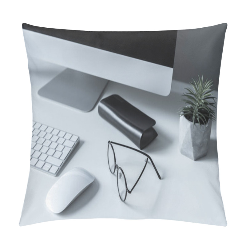 Personality  Overhead View Of Glasses And Spectacle Case On Working Table Pillow Covers