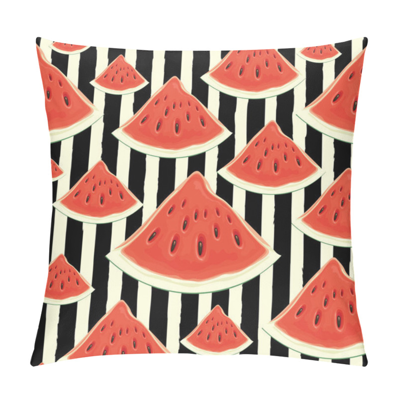 Personality  Fruit Seamless Pattern With Appetizing Watermelon Slices On A Black White Striped Backdrop. Vector Background With The Red Sweet Watermelon. Wallpaper, Wrapping Paper, Textile, Fabric, Summer Design Pillow Covers