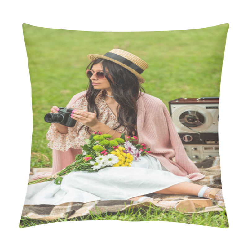 Personality  Stylish Girl With Camera In Park Pillow Covers