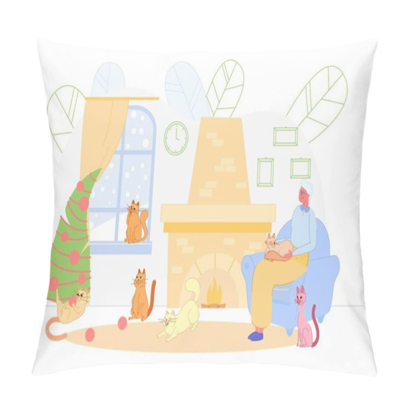 Personality  Flat Lonely Woman Sitting On Armchair With Cats. Pillow Covers