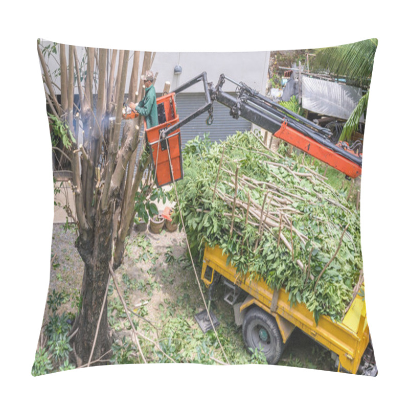 Personality  Gardener Pruning A Tree With Chainsaw On Crane.   Pillow Covers