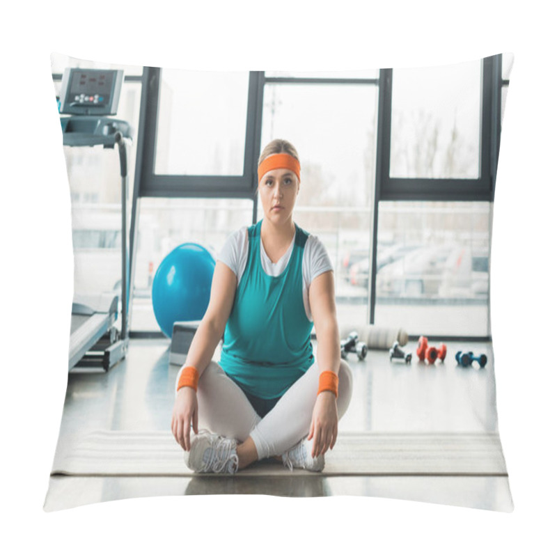 Personality  Focused Plus Size Girl Sitting On Fitness Mat Near Sport Equipment With Crossed Legs Pillow Covers