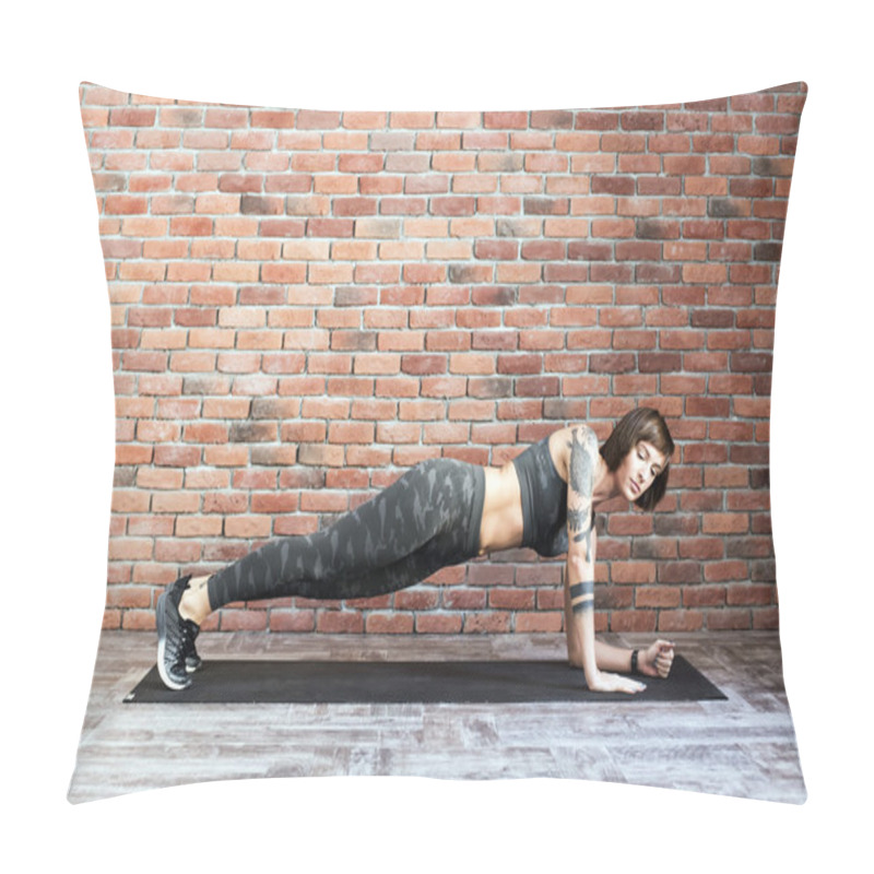 Personality  Tattooed Female Doing Exercises Indoors, Sporty Woman Practicing Yoga Pillow Covers