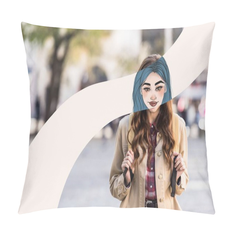 Personality  Girl With Illustrated Face And Backpack In City Pillow Covers