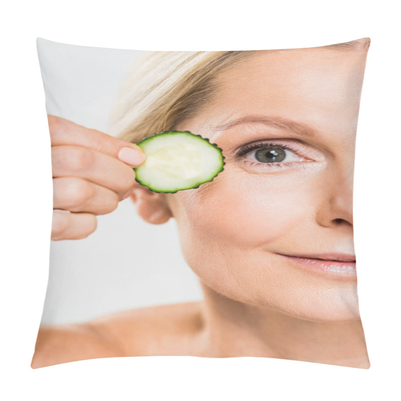 Personality  Partial View Of Beautiful And Mature Woman Holding Cut Cucumber Isolated On Grey Pillow Covers